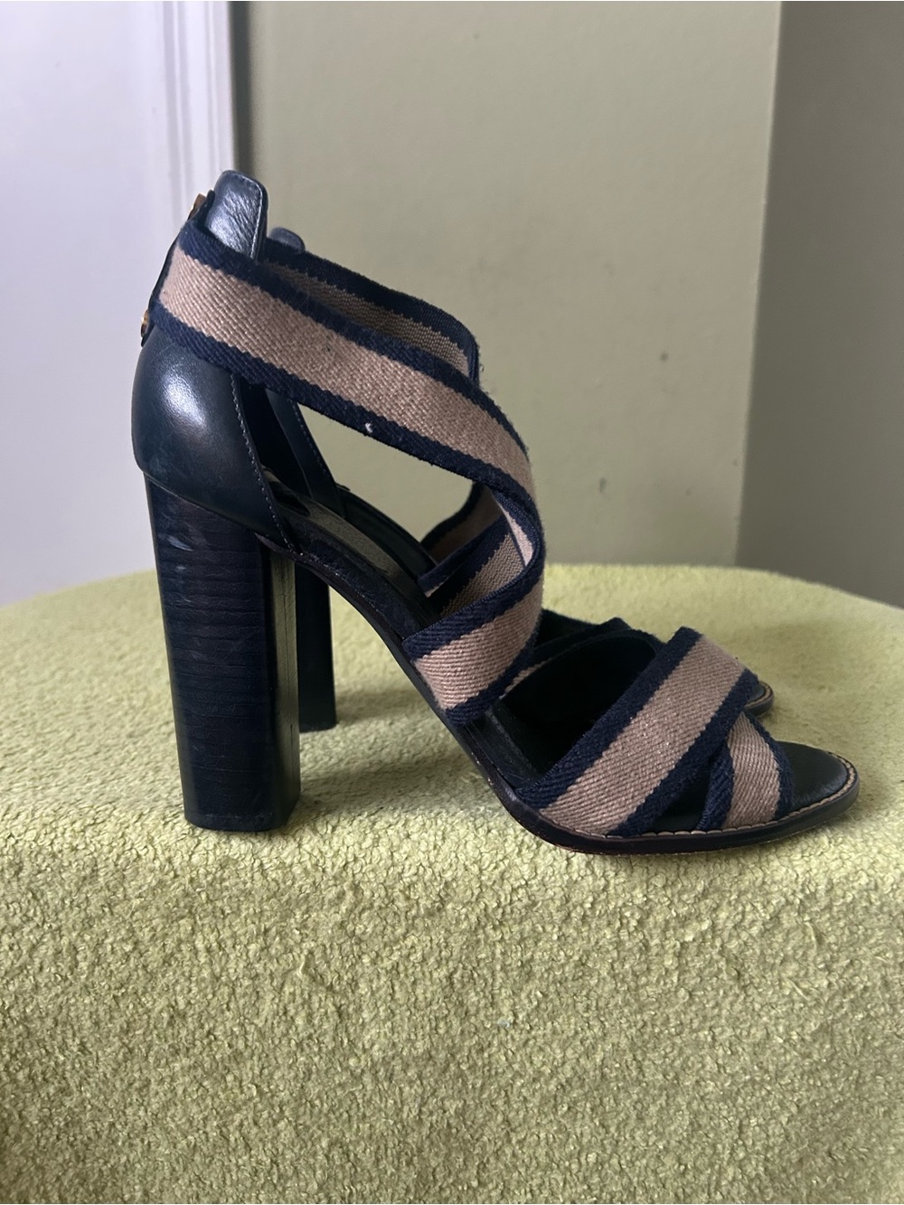 Tory Burch Navy and Beige Striped Block Heel Sandal
